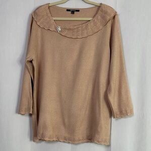 Briggs Lace Sweater Light Pink Metallic Ribbed Knit Moonstone Rhinestone Brooch